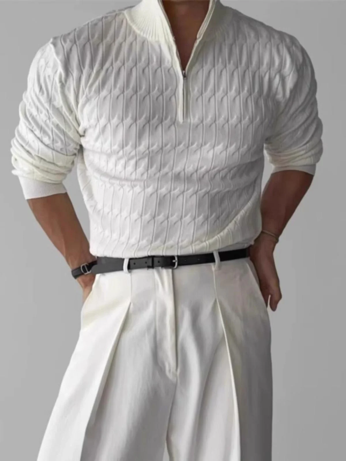 

Trendy Knitted Sweater for Men with Twist Design f Zipper Long Sve High Collar Spring Autumn Casual Slim Fit Pure Color