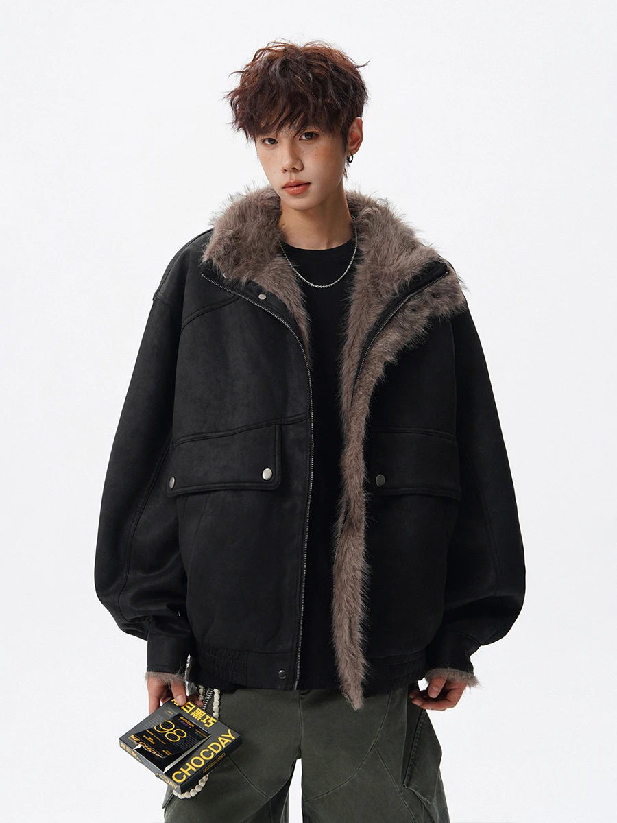 Jaket Motor Kulit Pria Thiened American Sle, Model Longgar, Bahan Katun Hangat untuk Musim Dingin, Pakaian Luar Kulit Katun untuk Pengendara Motor