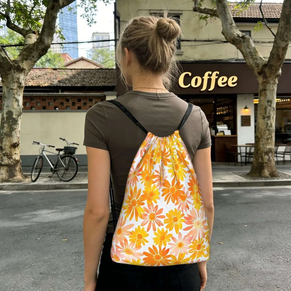 Orange And Yellow Flowers Pattern Backpacks Casual Drawstring Bags Sundries Bag Book Bags for Man Woman Students