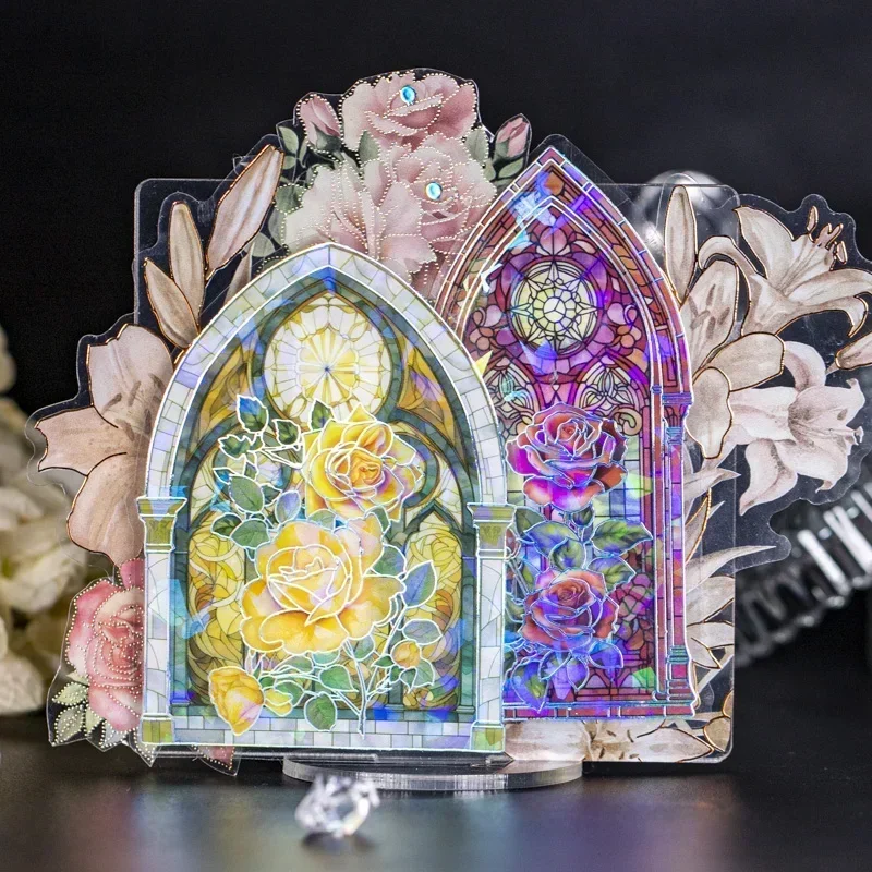 6 Style Aesthetic Stained Glass Stickers Floral Window Light for Journal