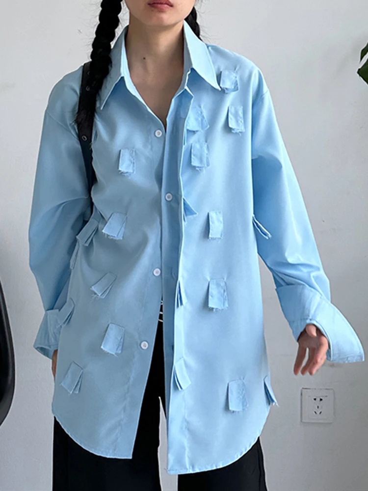 YERMORA White Spliced Tassel Buckle Casual Blouse For Women Lapel Long Sleeve Loose New Shirt Fashion Tide Spring Autumn 2025