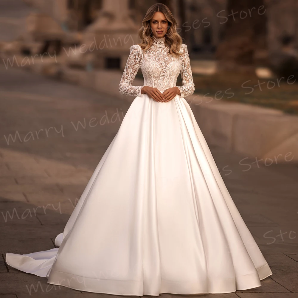 Modest Fascinating A-Line Women's Wedding Dresses Modern Lace Appliques Bride Gowns High Neck Long Sleeve Vestidos Novias Boda