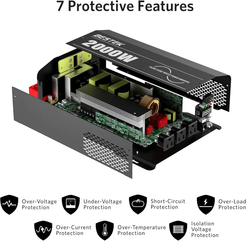 BESTEK-inversor de potencia de onda sinusoidal de 2000 vatios, 12V de CC a 110V/120V de CA, 3 salidas de CA, puerto USB y tipo C, control remoto