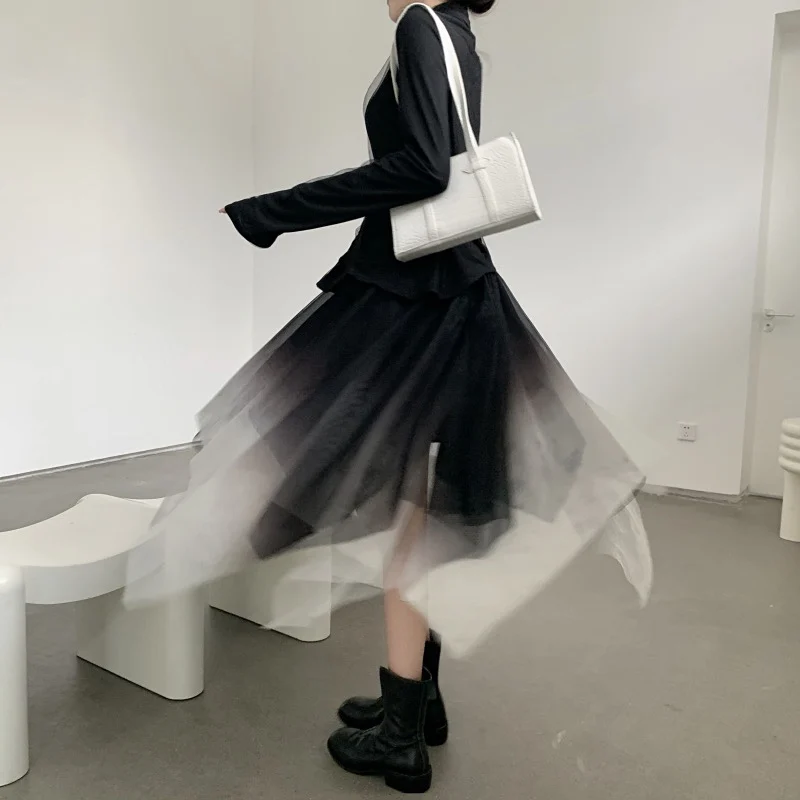 Elegant Asymmetric High Waist Midi Skirt Women\'s Spring Autumn Net Gown Commute Korean Style Rabbit Fur Blend Other Material