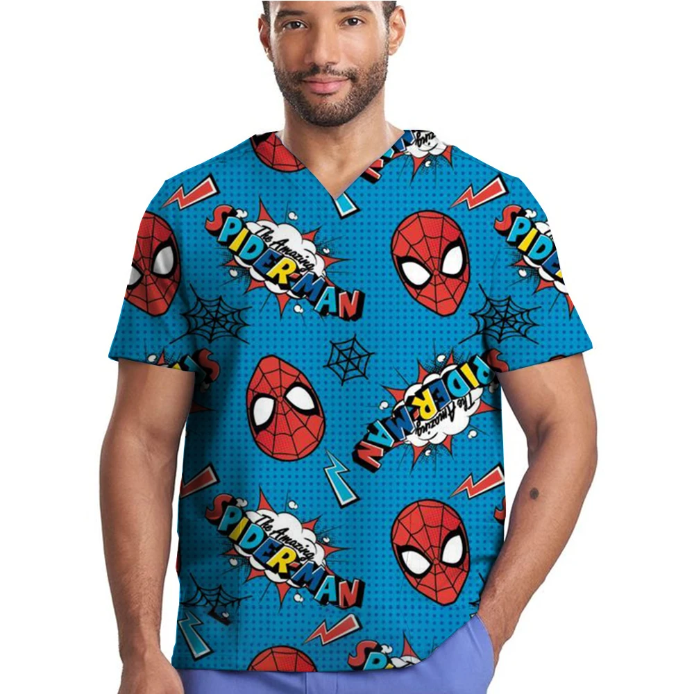 Marvel Spider Man print Top Science Lab Scrub Shirt Women Men Medical Accessories V-neck Short Sleeved Uniform Dental Clinic