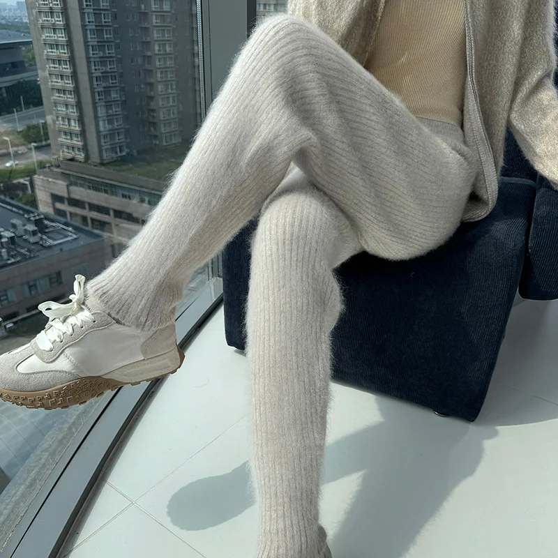 100% Mink Cashmere Women's Autumn and Winter Pencil Pants Fashion Thread Knitted Feet Pants Warm Pants Women's Clothes
