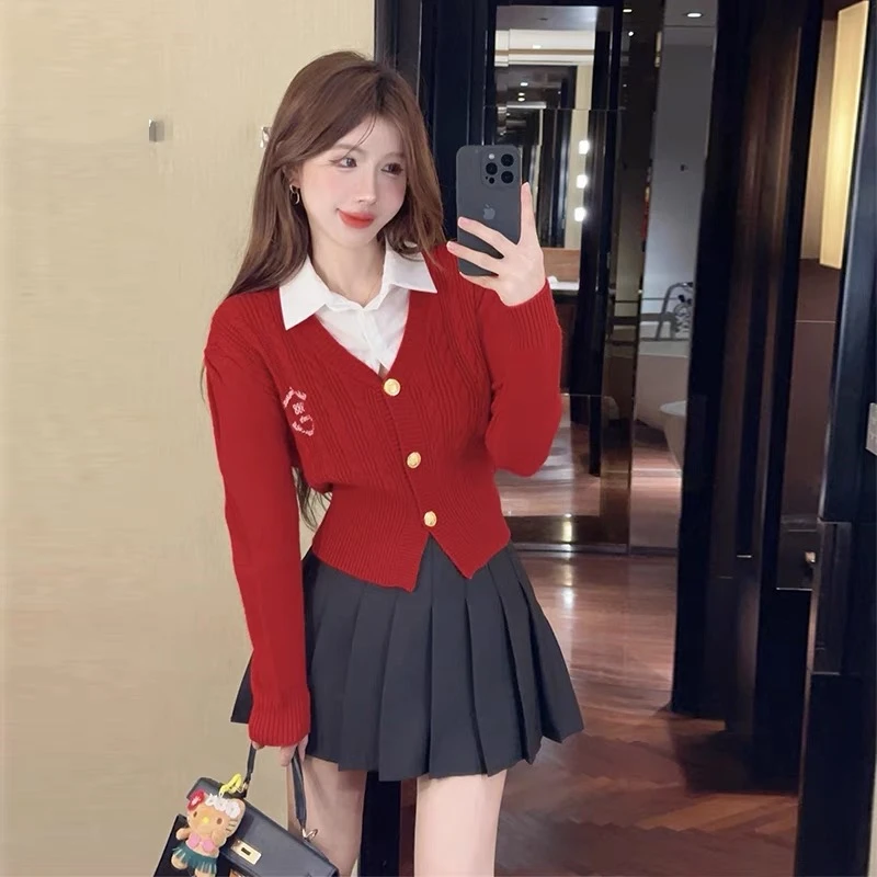 

Spring 2024 Preppy Style Korean Girls Mock Two-piece Knitted Cardigan Sweater Black Pleated Skirt Set Women JK Uniform Set Xmas