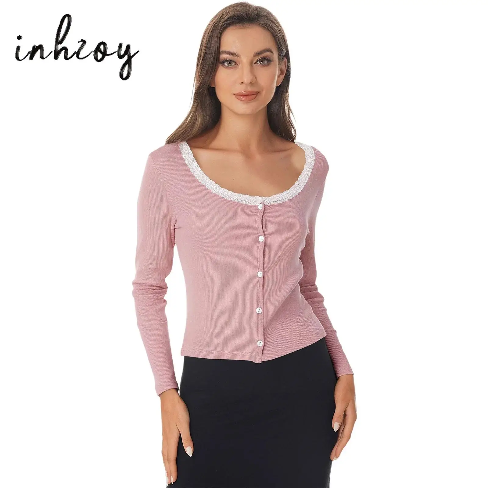 

Womens Knitted Cardigan Long Sleeve Front Buttons Neckline Lace Trim Crop Shrugs Sweater Outerwear for Office Daily Casual Wear