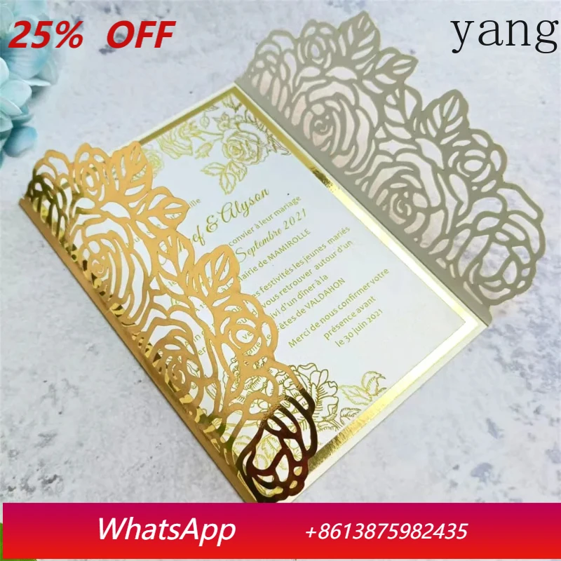 

Metallic Gold Invitation Rose Laser Cut Card For Wedding Engagement Birthday Party Greeting Card 50 sets