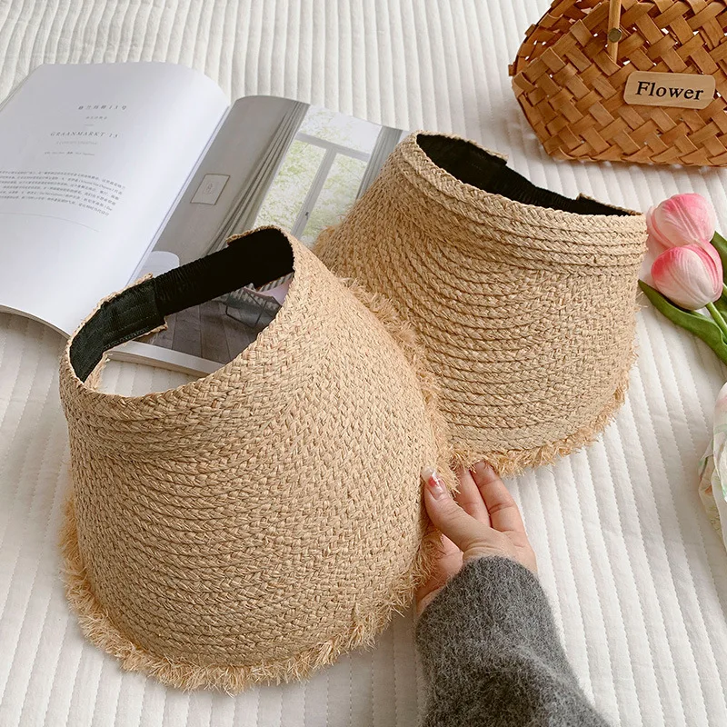 Ins Raffia Rough Edge Empty Top Hat Women Summer Beach Travel Versatile Sunshade Sun Protection Elastic Sun Straw Hat