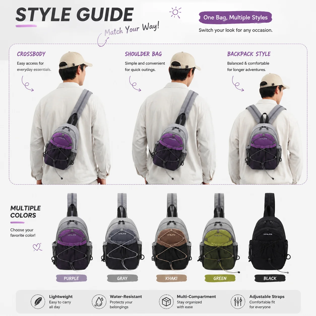 Unisex Crossbody Chest Bag Lightweight Sling Pack Outdoor Travel Shoulder Bag Hiking Cycling Multi Pocket Storage Organizer
