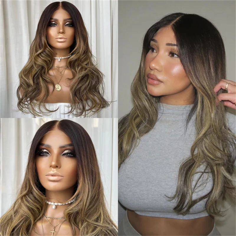 

180% Плотность Ombre Blonde с Коричневыми полосками Парик Мягкий HD Парик Фронта Шнурка Высококачественные Синтетические Парики для Черно-Белых Женщин