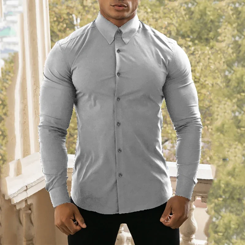 Spring Autumn Fashion Long Sleeve Shirt Men Super Slim Fit Classic Turn-down Single Breasted Casual Business Work Dress Shirt