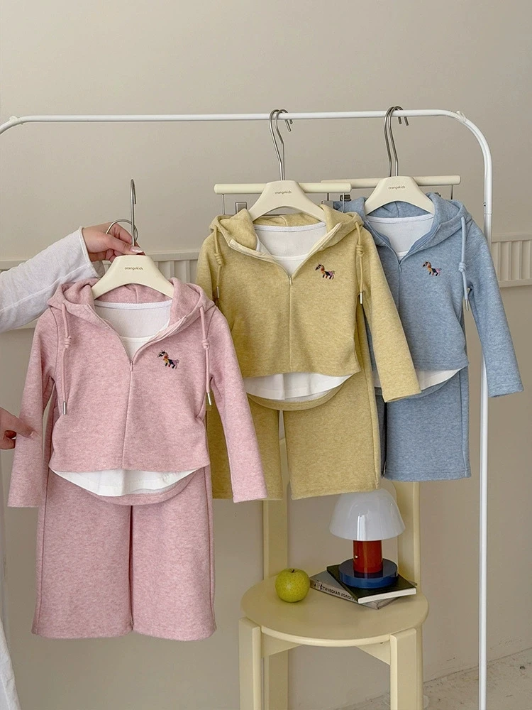 Kids Girl Casual Sport Suit Fashion Pony Embroidery Color Blocked Fake Two Pieces Hooded Sweatshirt Straight Leg Pants 2Pcs Set