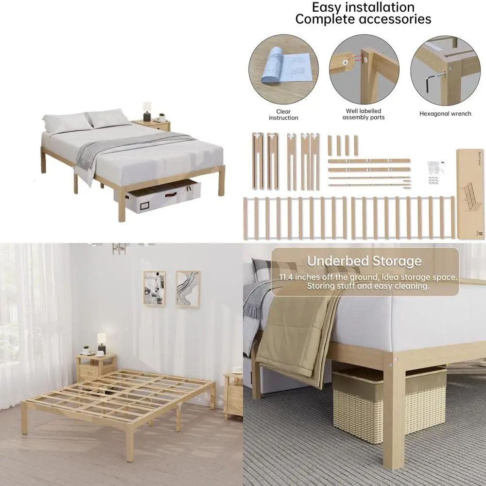 14 estrutura de cama completa de madeira maciça - bambu natural, resistente, sem mola, fácil montagem, suporte silencioso