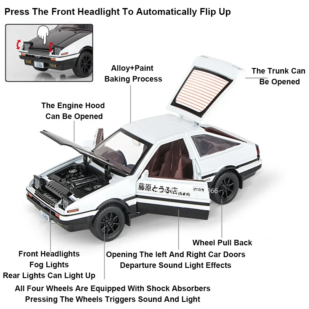 1:30 toyota ae86 modelo de carros de brinquedo, veículos fundidos de liga, puxar para trás, luz de som, 4 portas abertas, modelos de carros de simulação, presentes para crianças