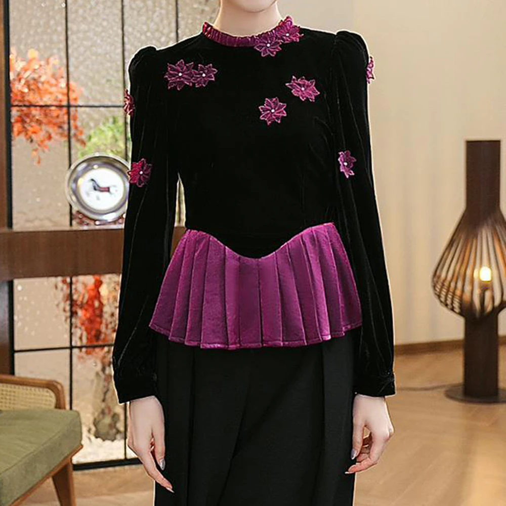 new winter design is niche and does not collide  black golden velvet top shirt for women's high-end  beautiful foreign style