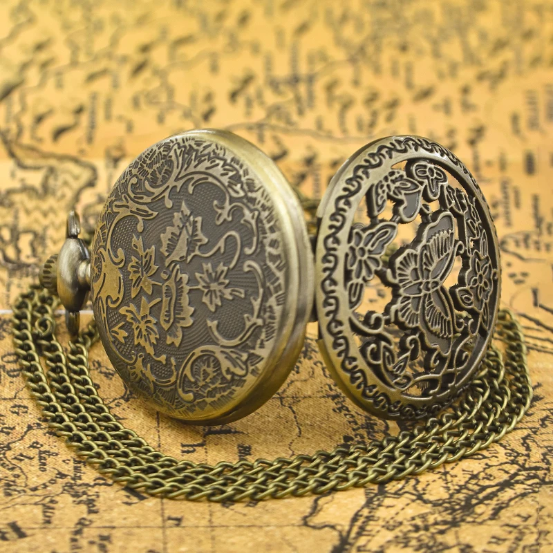 خمر انقطاع صدفي البرونزية الفراشة والزهور نحت الأزياء قلادة كوارتز ساعة الجيب الملحقات