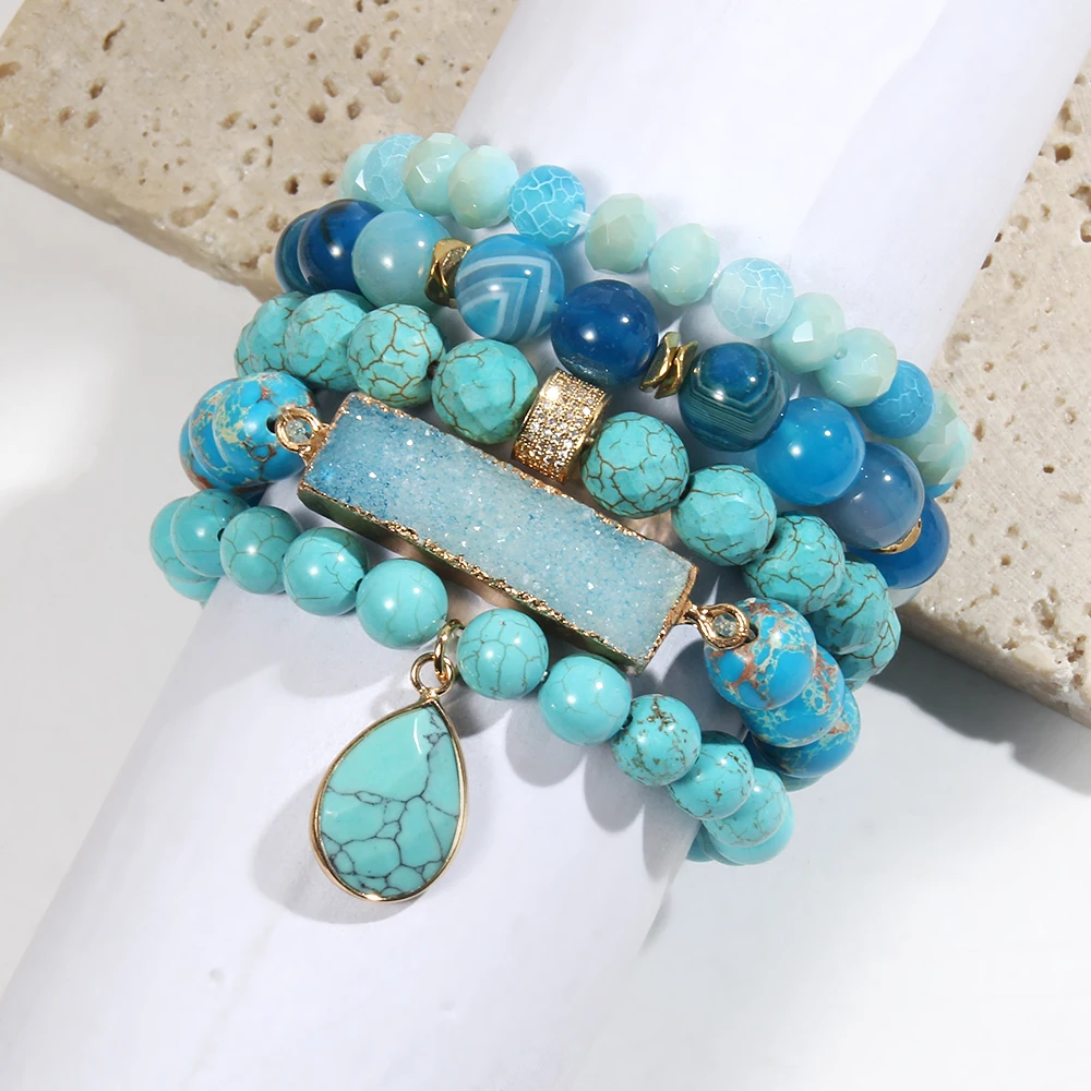 New Fashion Bohemian Blue Ocean Women's Jewelry 5pcs Natural Stone Glass Handmade Beaded Elastic Bracelet Druzy Stacked Bracelet