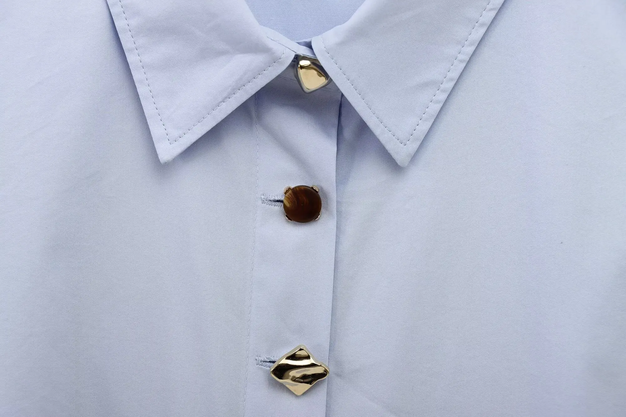 Jenny&Dave Minimalist Gold Button Light Blue Shirt Long Sleeved Top Poplin Shirt Women Fashion Office Ladies Blouse For Commutin