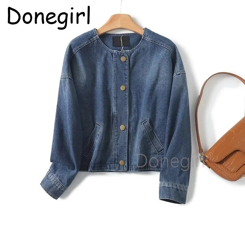 Donegirl Denim Bomber Jacket Fashion Women\'s Round Neck Retro Sing Breasted Jean Jacket Short Coat Female Tops