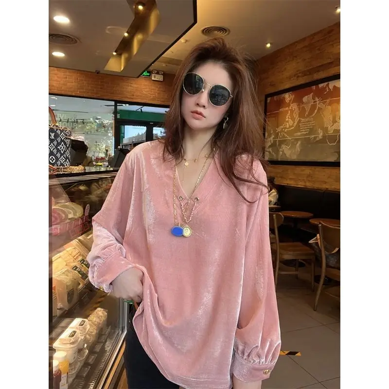 Women Spring Simplicity Loose Large Size Solid Color V-neck Long Sleeve T-Shirt Ladies Fashion Chain All-match Trend Tops TT657