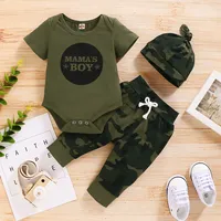 3PCS Newborn Baby Boys Clothes Set Letter Print Short Sleeve Bodysuit+Camouflage Pants+Hat Casual Outfit for Infant 0-18 Months