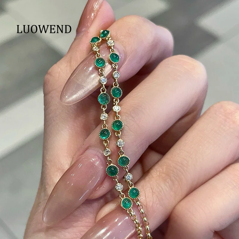 

LUOWEND браслет из 100% желтого золота 18 карат в романтическом нежном стиле с блестящими бриллиантами и натуральным изумрудом браслет для женщин подарок на день рождения