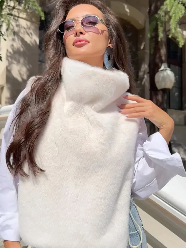Женский однотонный утепленный меховой жилет, модное розовое свободное короткое пальто без рукавов с высоким воротом, осенняя новая шикарная уличная женская верхняя одежда