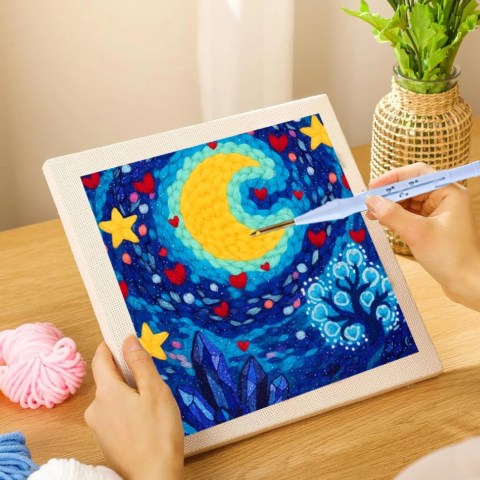 

25x25cm Diy Punch Needle Embroidery Starter Kits For Beginner With frame Moon Night Landscape Poking Embroidery Yarn Painting Ar