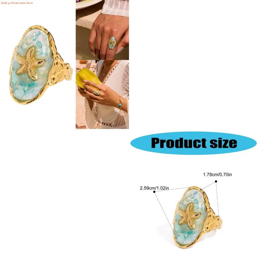

F92D Stainless Steel Sea Star Blue Ring Jewelry For Women Adjustable Size Tarnish Resistant Material Vacation Accessory