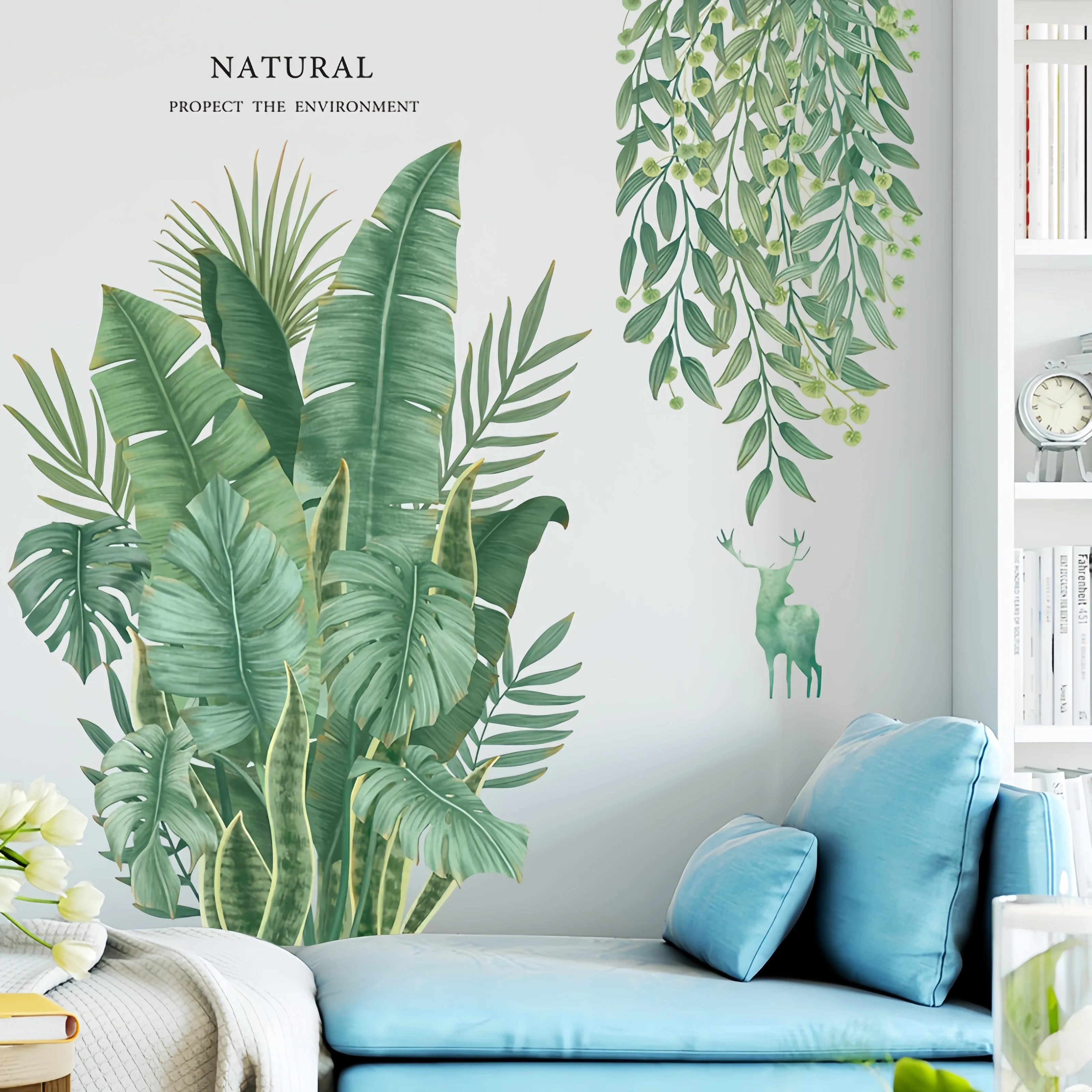`Tropical Green Plants Deer Wall Sticker NATURAL PROTECT THE ENVIRONMENT Quote Vinyl Decal For Living Room Bedroom Home Art Mura
