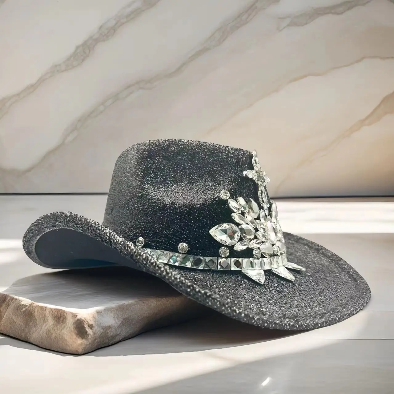 HongLuan الأسود الصليب ديسكو زي قبعة الكبار، قبعات رعاة البقر حجر الراين للمرأة، كاوبوي تأثيري الإناث الملحقات وقبعة راعية البقر #4