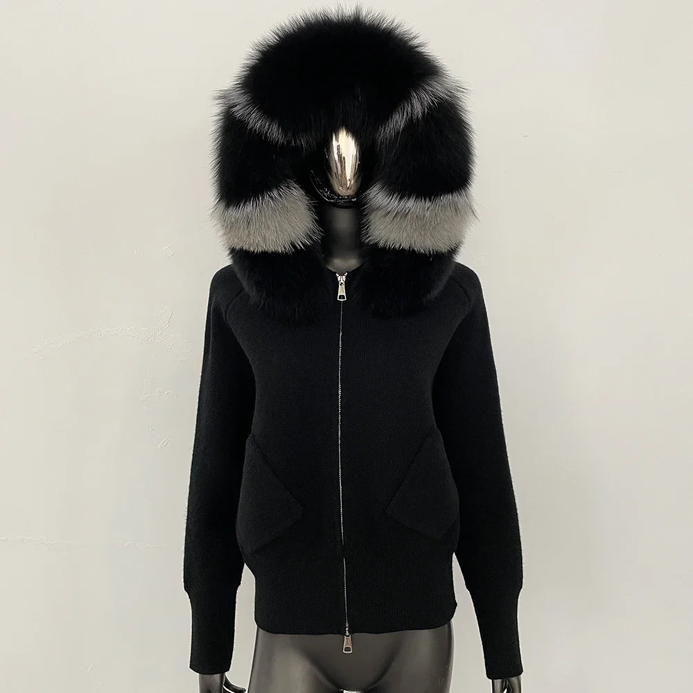 Autumn Winter Clothes Female Hooded Big Knitted Jacket Natural Real Fox Fur Collar Reality Fur Coat Fashion Women Short Cardigan