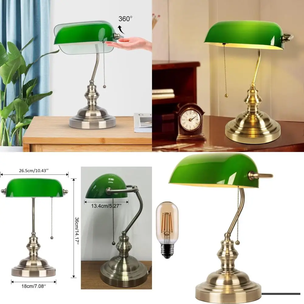 

Classic Green Glass Desk Lamp with Pull Chain, LED Included, Ideal for Home Office, Study, and Library