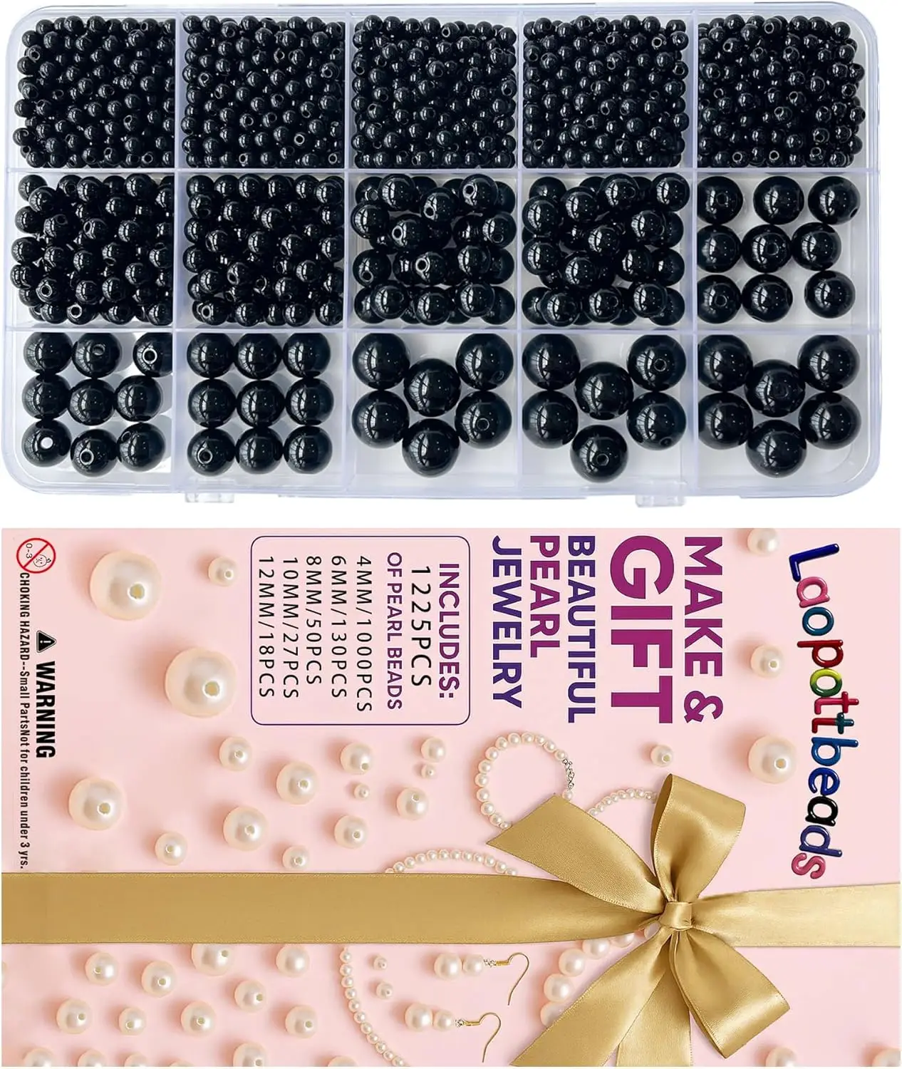 

1225 Pcs Black 5 Size Pearl Beads for Jewelry Making Round Pearl DIY Kit for Bracelets, Earrings, Necklaces & Anklets