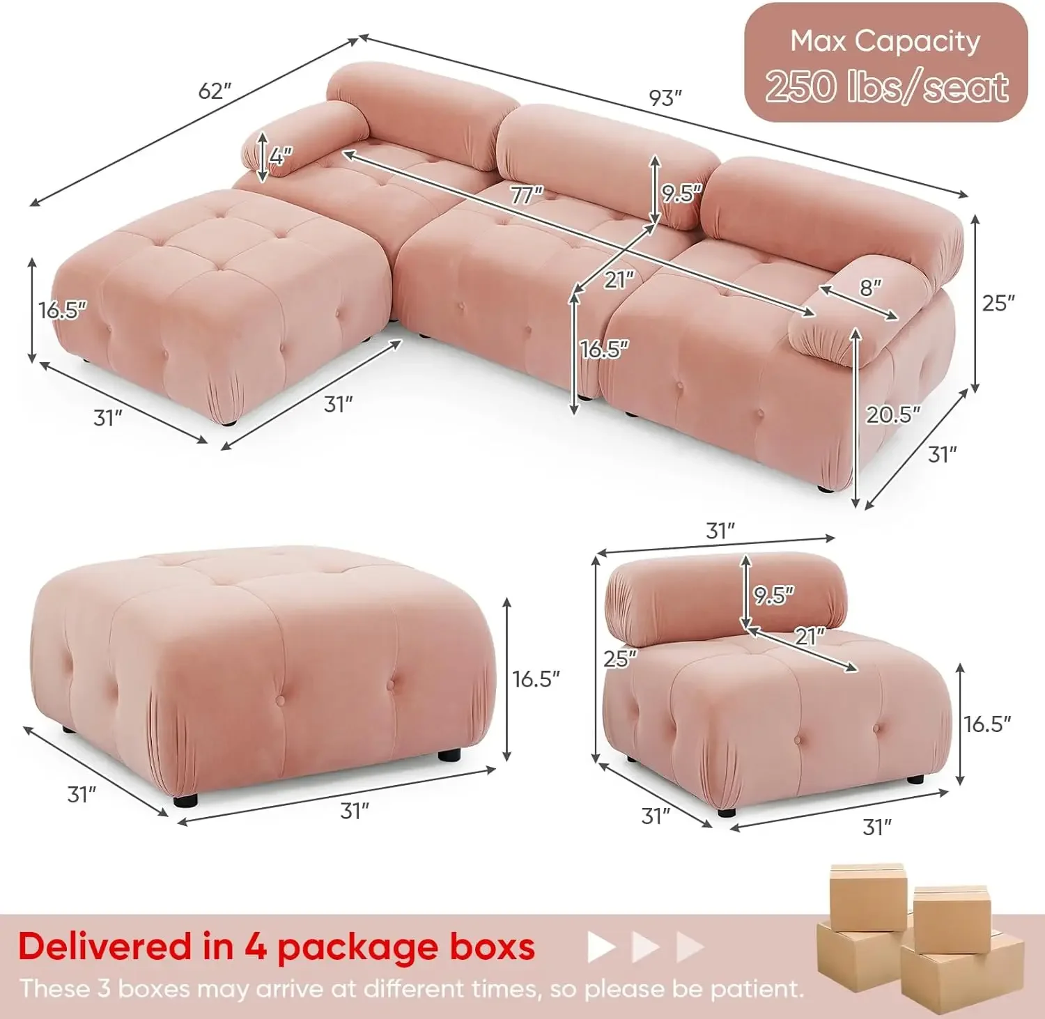 Convertible Sectional Sofa Couch, Modern Velvet L-Shaped 3-Seater Sofa Couch Set with Movable Ottoman