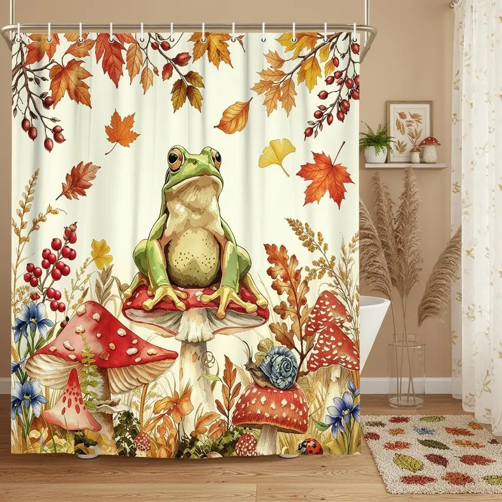 Whimsical Woodland Frog Toadstool Mushroom Autumn Fall Pattern Shower Curtain Waterproof Bathroom Decor  180x180cm