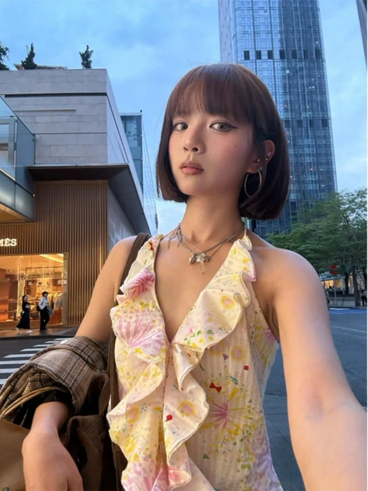 Summer Y2k Aesthetic Halter Bandage Sweet Tank Top Women Print Backless Streetwear Ruffled Tanks Harajuku Fairy Cropped Tops