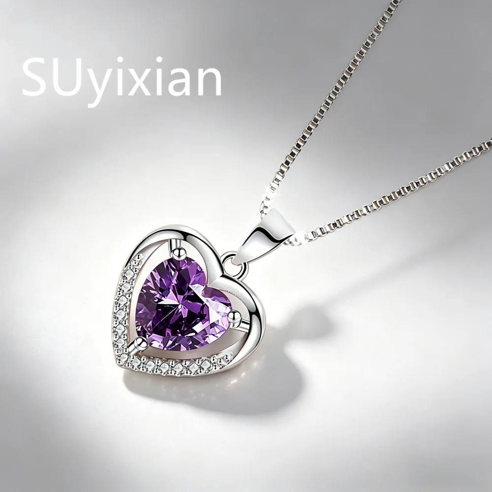 925 Sterling Silver Stylish Fine Heart Zircon Pendant Necklace, Birthday Party Anniversary Gift, Ladies Jewelry