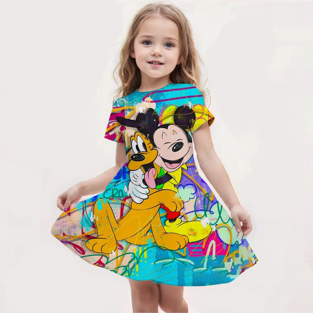 

New Arrival Children's Party Girls Dresses Short Sleeve Princess Birthday Animals Disney Mickey Mouse Minnie Print Baby Frocks C