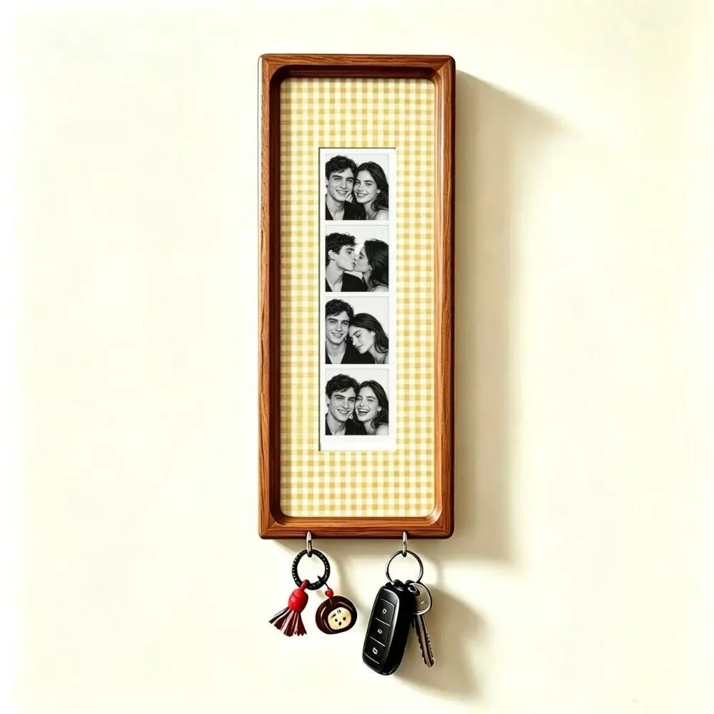 Vintage With Hook Key Holder Frame Mortise and Tenon Wooden Wall Key Holder Photo Strip Frame Wedding Party