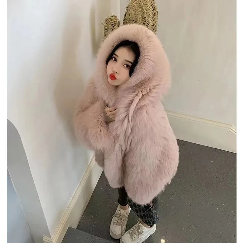 Faux Fox Fur Jacket for Women, Loose Hooded Overcoat, Double-Sided Woven Fur Coat, Bat Sleeve, Autumn Winter Fashion, New, 2023