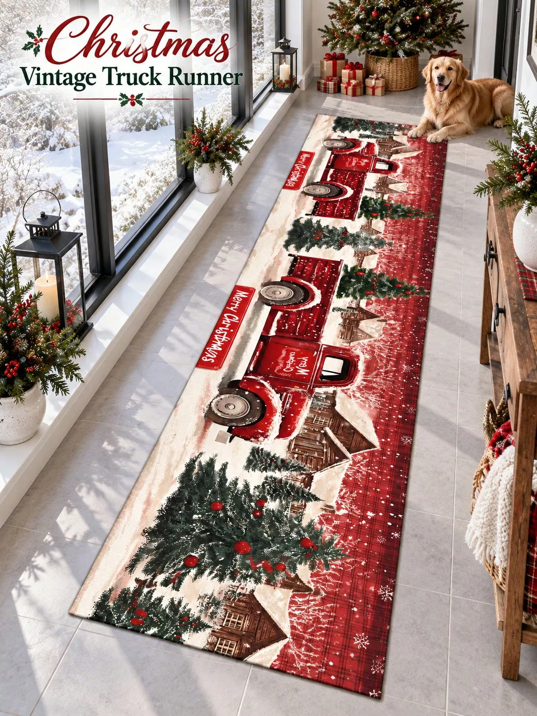 Christmas Aisle Runners Truck Pine Trees Snowflakes Lettering Runner Rugs Long Carpet for Hallway Kitchen Entryway Bedroom Living Room Farmhouse Floor Mat Winter Holiday Home Decor Birthday Anniversary Housewarming Gifts To Family and Friends