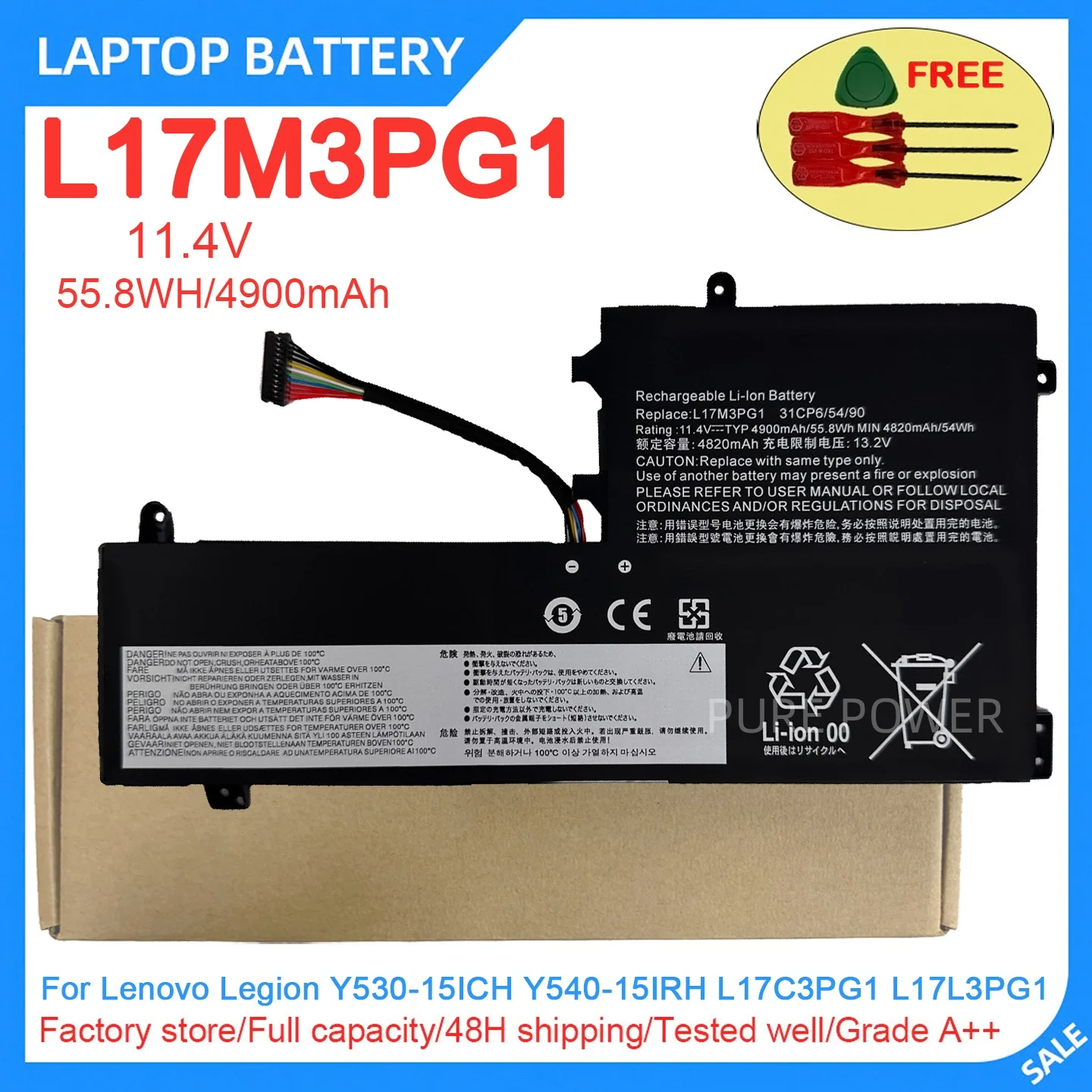 New Laptop Battery L17M3PG1 11.4V 55.8WH 4900mAh High Quality For Lenovo Legion Y530-15ICH Y540-15IRH L17C3PG1 L17L3PG1
