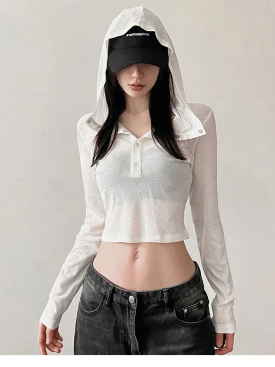 هودي نسائي عصري بأكمام طويلة بتصميم رقيق يكشف البطن، ملابس صيفية بيضاء للحماية من الشمس ومقاومة للشيخوخة