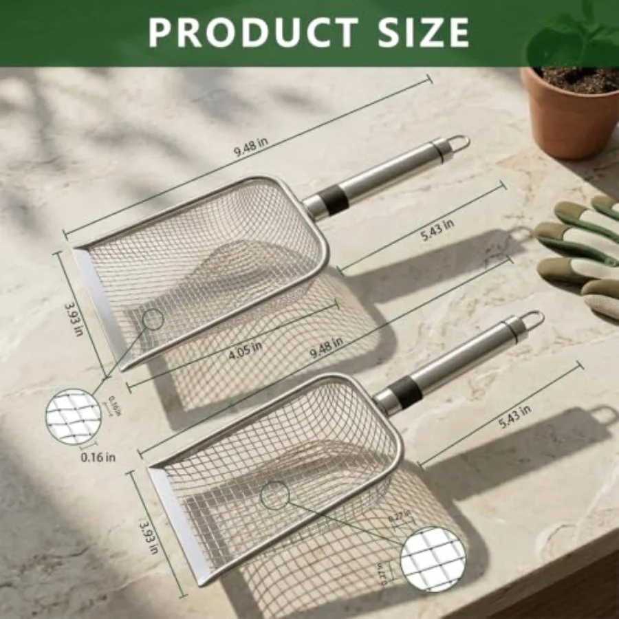 2pcs Gardening Soil Sifter with Stainless Steel Handle Sand Soil Compost Sifter 0.15/0.2 Inch Mesh Screen for Sand, Dirt, Rock,