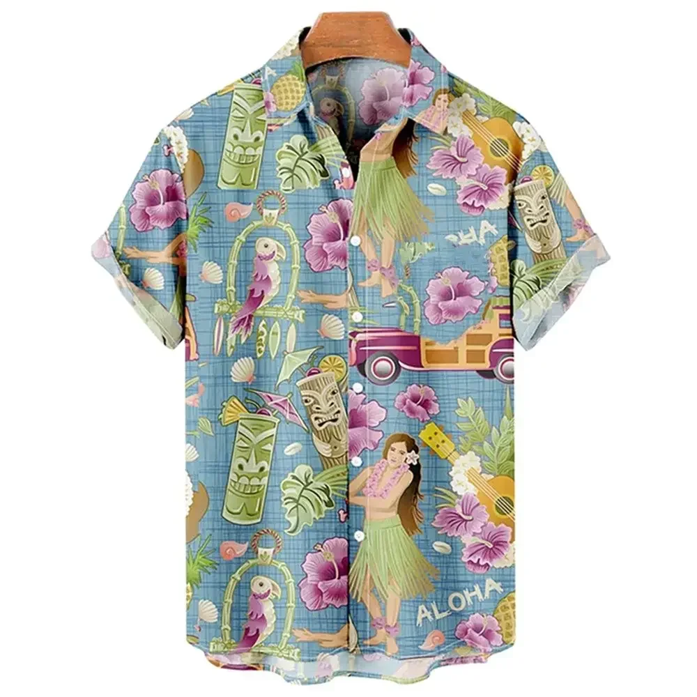 Blouse 2024 New Oversized Shirt Mens Hawaiian Shirts For Men Mermaid Print Beach Short Sleeve Tops Designer Clothes High Quality