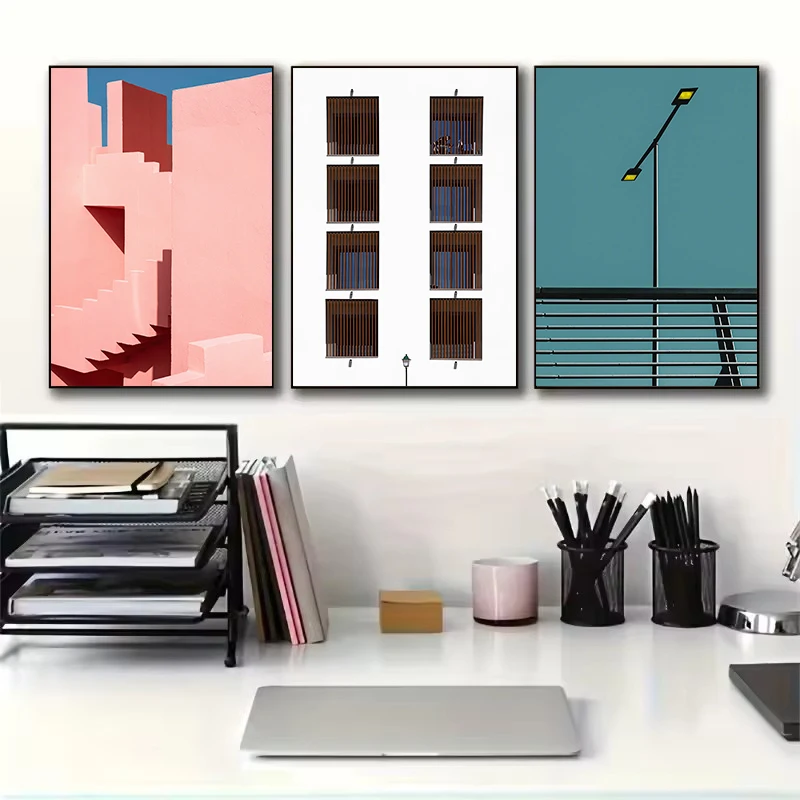 Minimalist Abstract Architecture Line Pink Stairs Three Windows Poster Printed Canvas Painting Wall Art Pictures Home Decor-1pcs