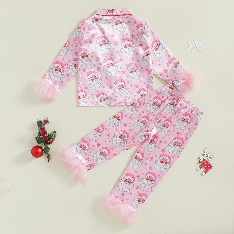 Baby Girl 2Pcs Christmas Pajamas Long Sleeve Feather Trim Shirt Pants Set Toddler Sleepwear